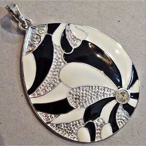 #Vintage #90s #Teardrop #Enamel Pendant Black White Rhinestones Silver Tone 2"